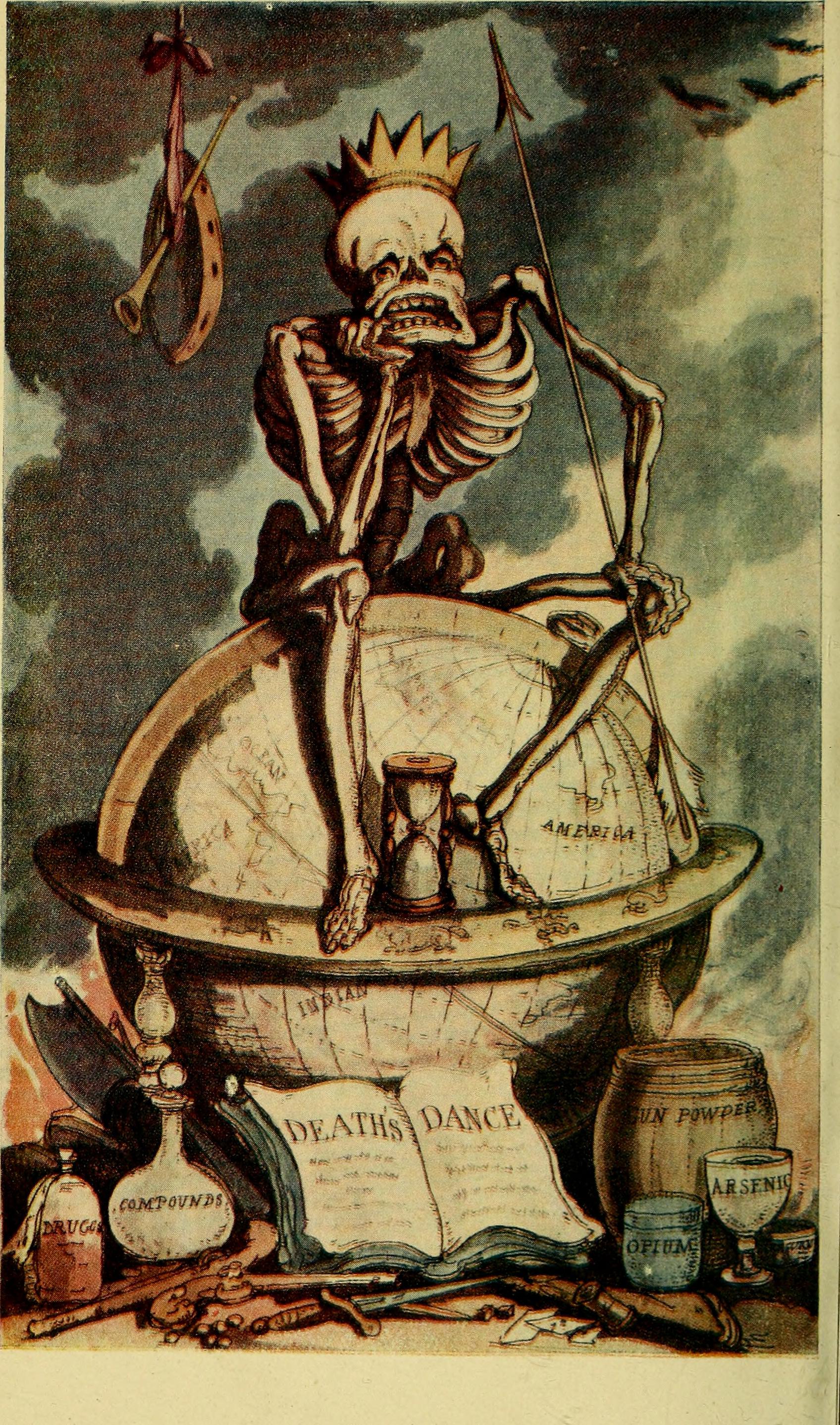 Death's Dance | MBolly A political cartoon shows death dancing on a globe surrounded by poisons, illustrating competitive film numbers.